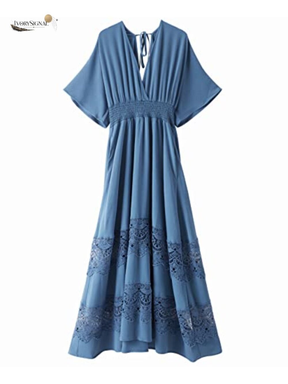 Boho Maxi Dress V Neck Short Sleeve Lace Smocked Waist Flowy